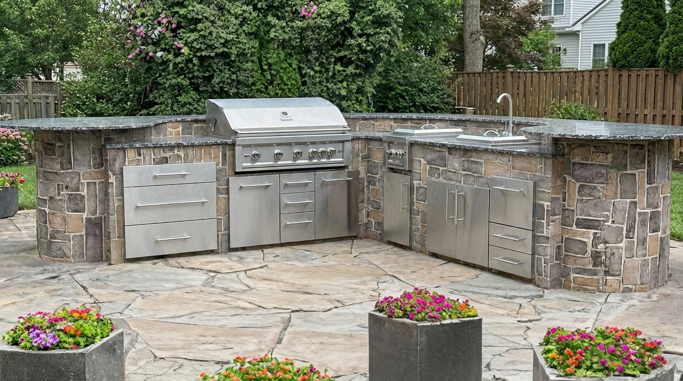 Garden L-shape: Wraparound stone kitchen with grill, doors, drawers, and sink.