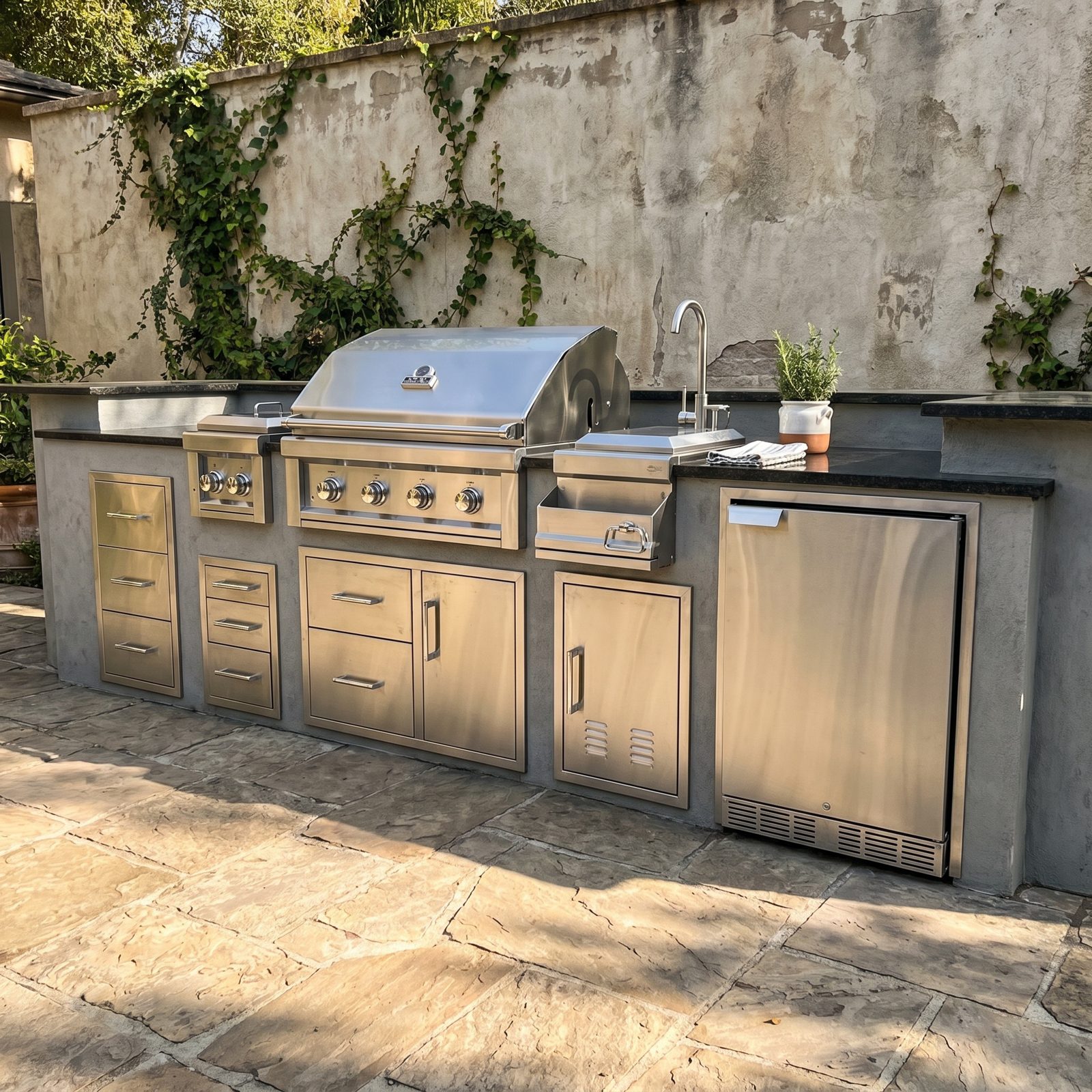 Stucco wall kitchen: Straight run with fridge, drawers, and a side burner in a plaster wall.