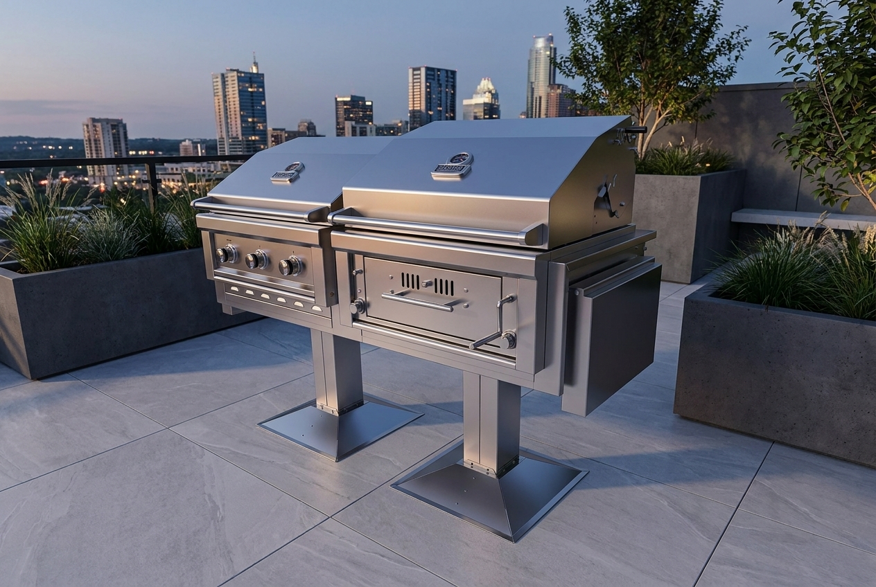Ruby-Hybrid Pro Duo™: 3-Burner Grill & Charcoal/Wood Smoker 4